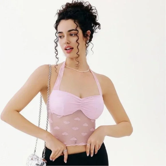 ReoRia Pink Heart Mesh Crop Top - Picture 2 of 5